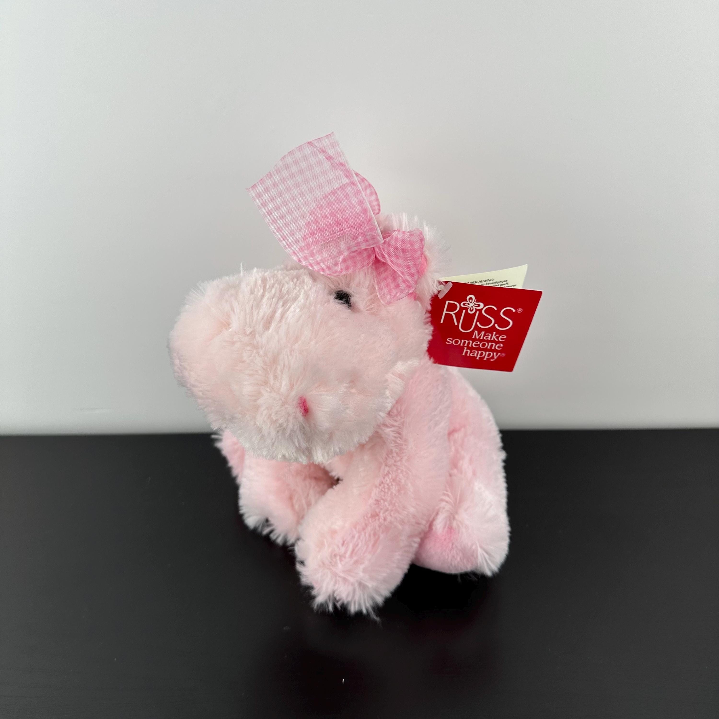 Vintage Russ Berrie Pink Darly Hippo Gingham Head Bow Ribbon Plush