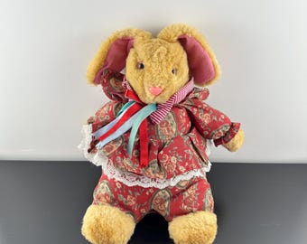 Vintage 90s Bunny Rabbit Red Floral Dress Plush Stuffed Animal Ribbons Pink Eyes, Nose and Ears 12”