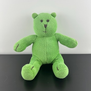 Könnte beinhalten: Ein grüner Plüschteddybär mit braunen gestickten Augen und Nase. Der Bär sitzt mit gekreuzten Beinen.