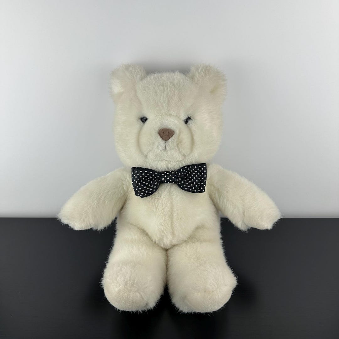 Vintage 1986 Gund White Teddy Bear Black Polka Dot Ribbon Bow 13” Plush ...