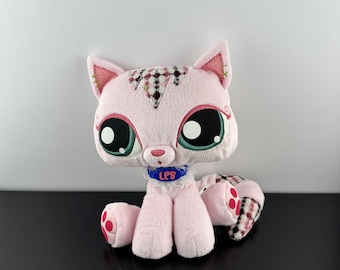 Vintage Y2K Littlest Pet Shop Cat Pink Plaid Plush Stuffed Animal Toy Hasbro 8.5” LPS