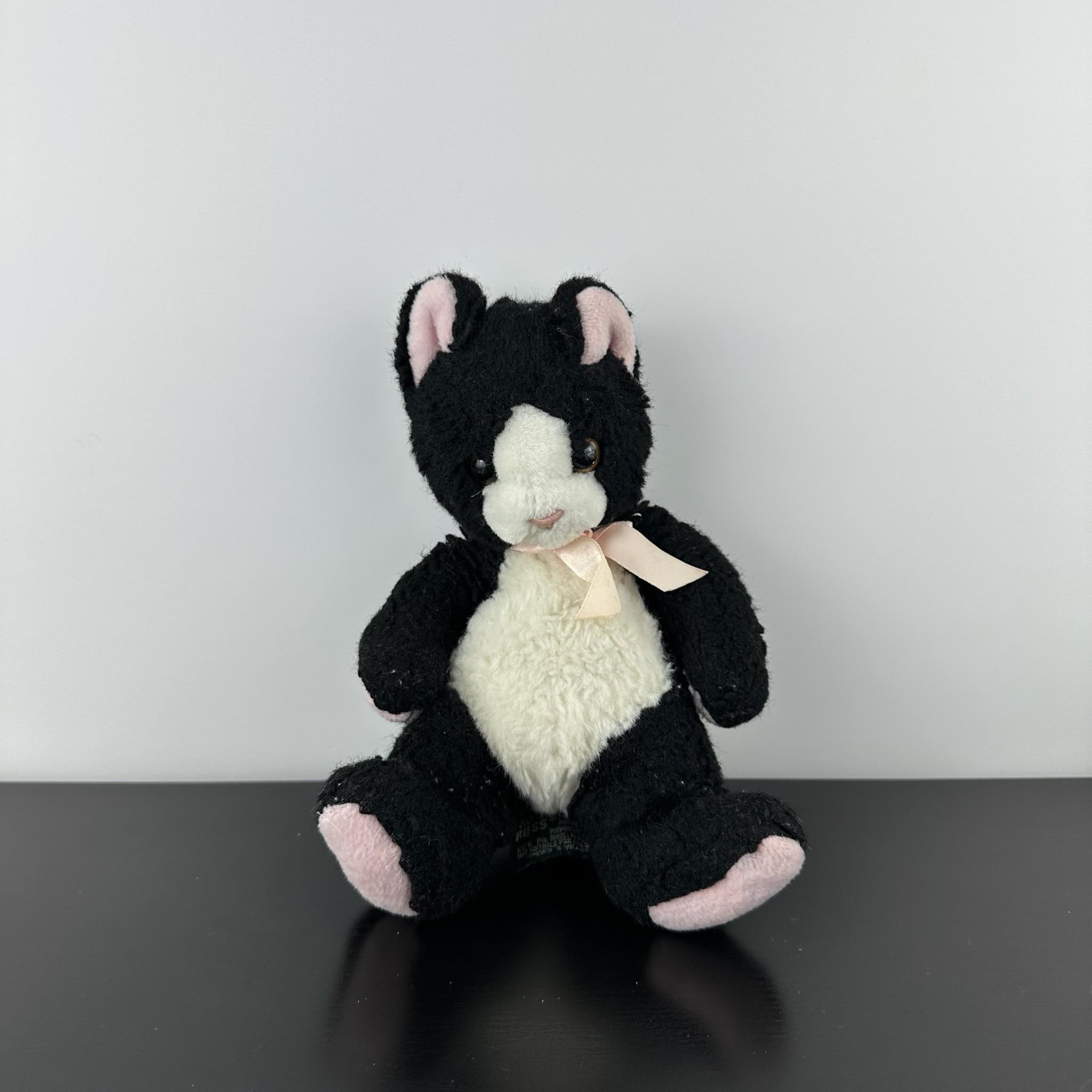 Russ Berrie Sasha Black White Tuxedo Kitty Cat 9” Pink Bow Plush