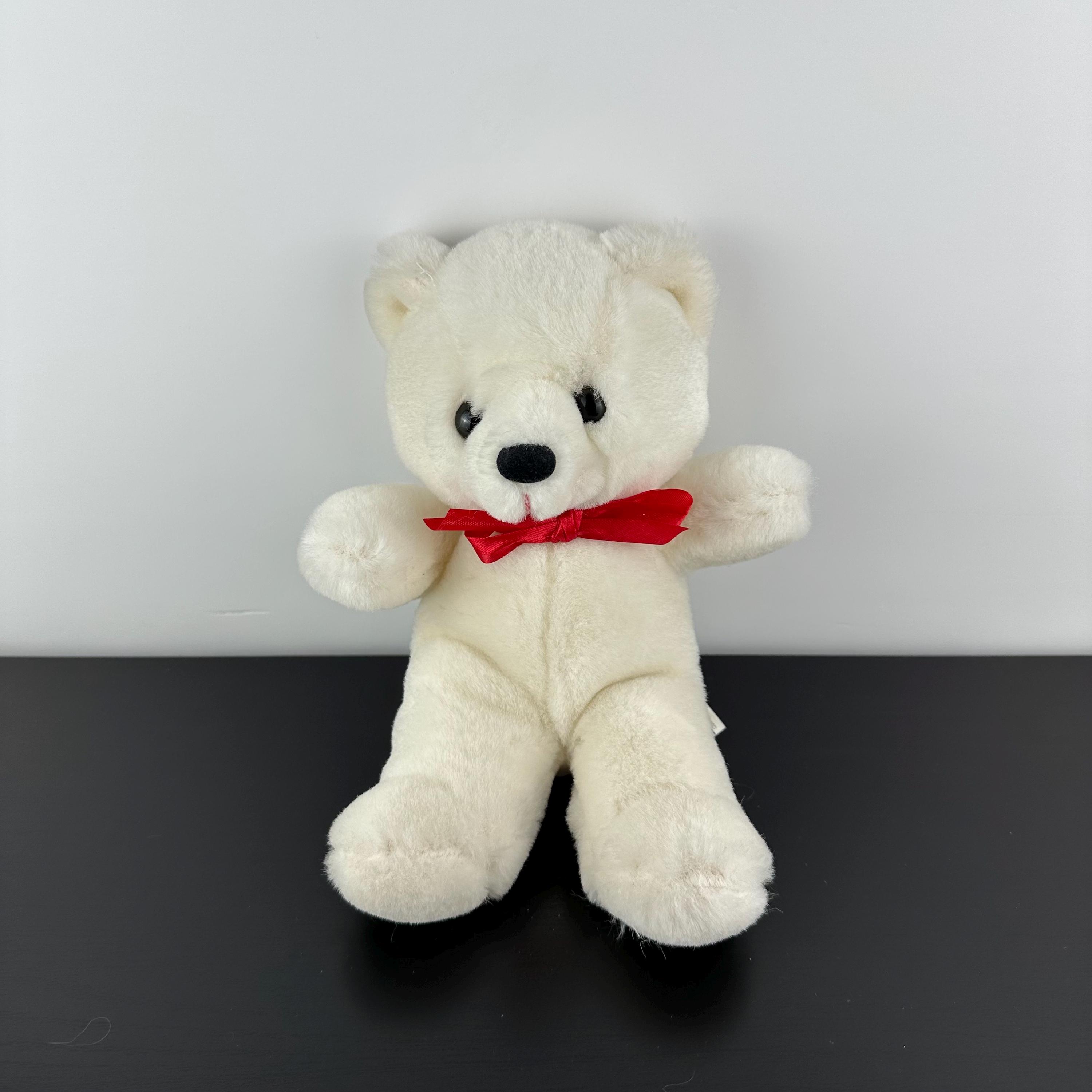 Vintage Best Made Toys White Teddy Bear Red Ribbow Bow Neck Plush