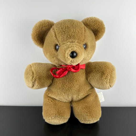 Vintage Dark Brown Teddy Bear With Red Ribbon Neck 13” Plush