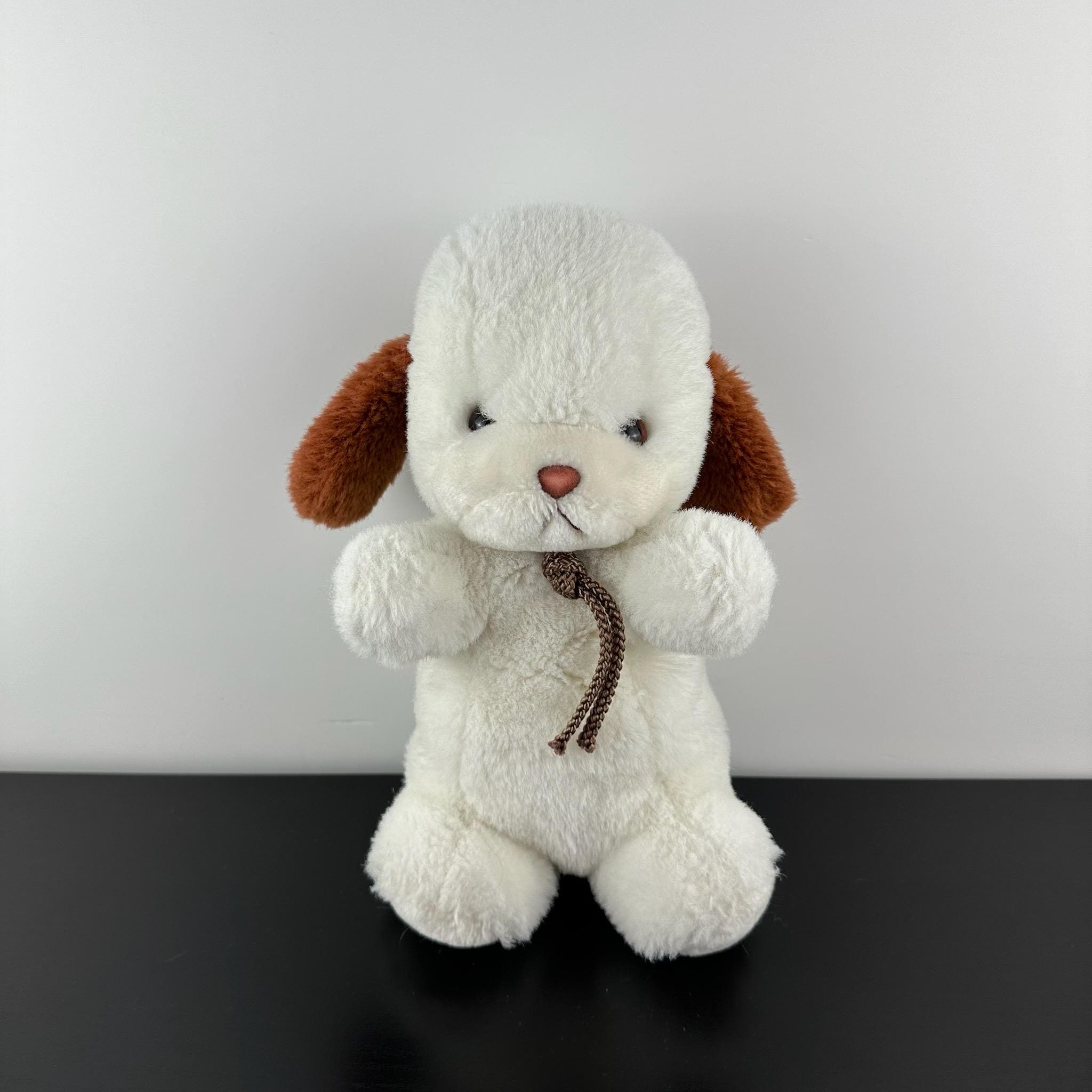 Gund 1982 Vintage Smooch White Cream Puppy Dog 11” Brown Ears Rope