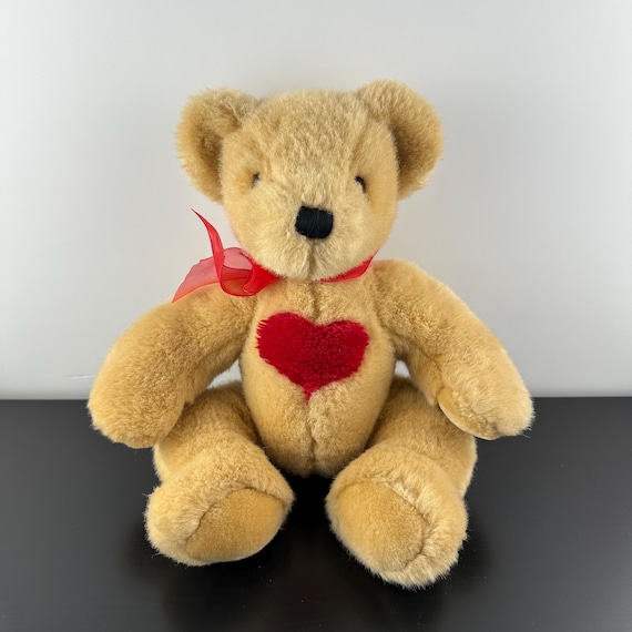 Vintage Teddy Bear Red Heart Bow Neck Plush Stuffed Animal 10