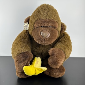 Vintage Apa Gorilla Apa Hållande Banan Brun Sittande 40 cm Plysch Gosedjur