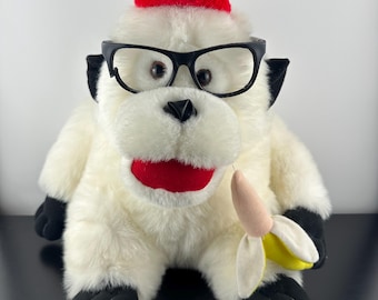 Vintage White Gorilla Plush Stuffed Animal Best Made Toys 14" Holding a Banana Wearing Hat and Glassws 1990s 90s Monkey Ape