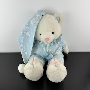 Vintage White Teddy Bear Blue Pajamas Slippers Stars Clouds Plush
