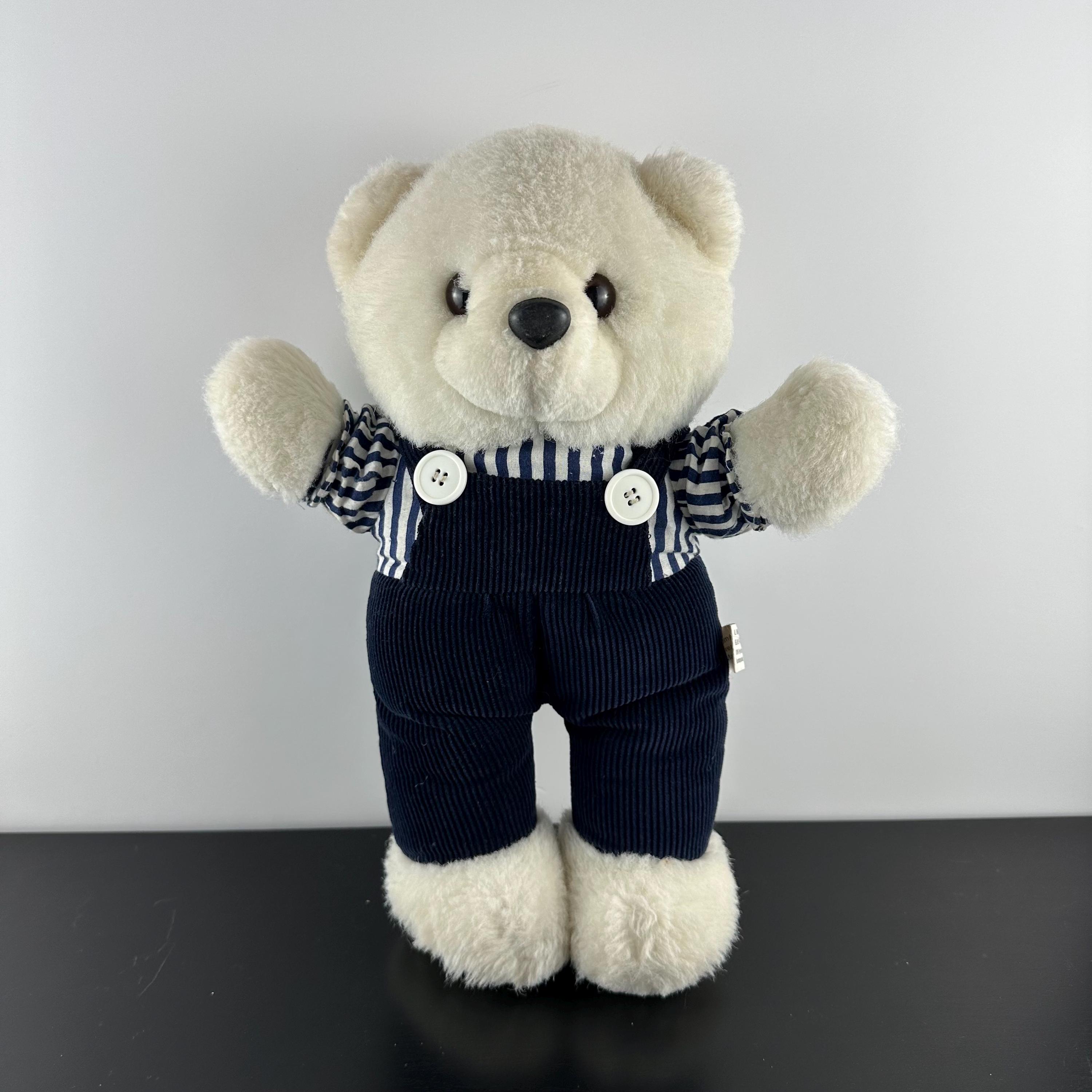 Vintage Dreamland Teddy Bear White With Navy Blue Corduroy