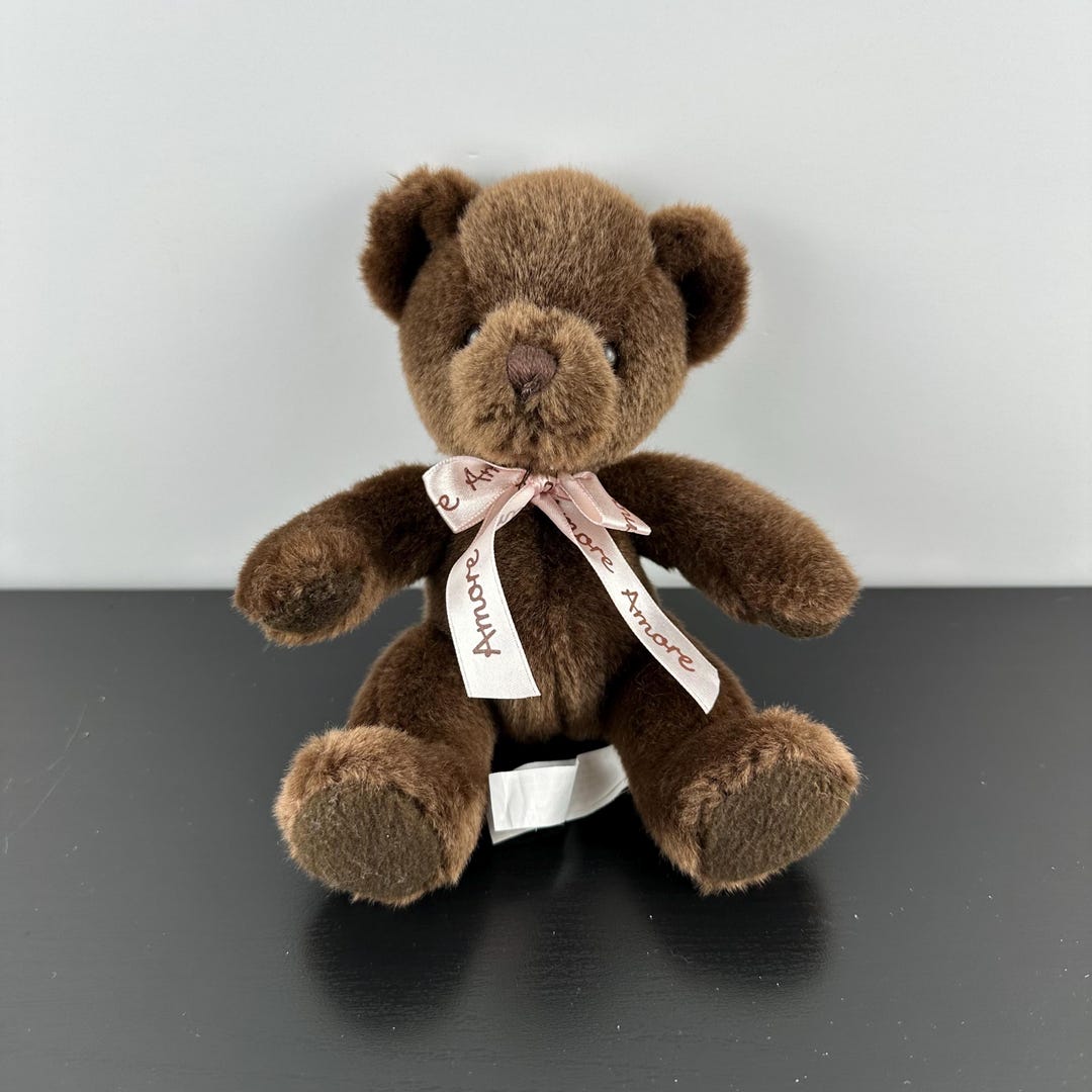 Vintage Russ Brown Teddy Bear Amore Ribbon Sitting 7.5” Plush Stuffed ...