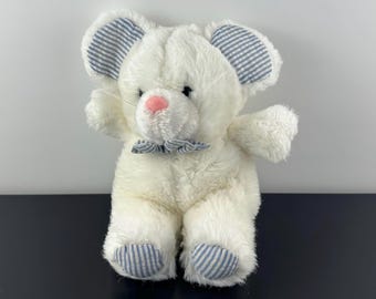 Vintage White Mouse Blue Stripped Ears Pink Nose Plush Stuffed Animal 9” Maybe Russ or Applause