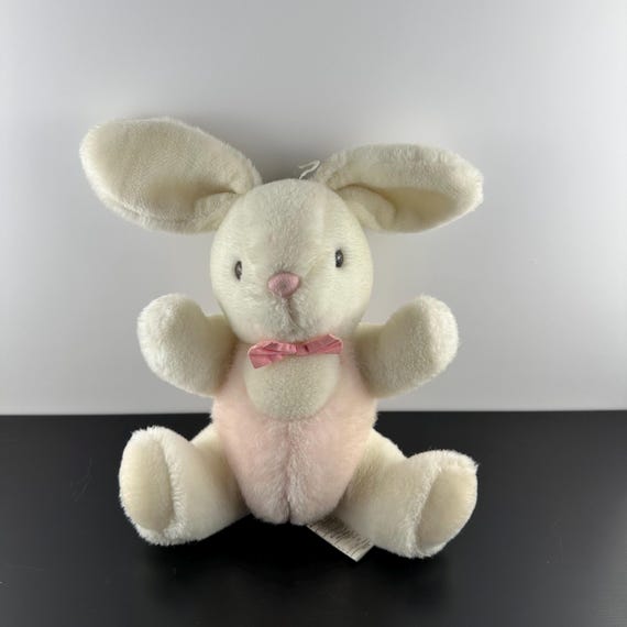 Vintage Yang Jee White and Pink Bunny Rabbit Plush Sitting Pink