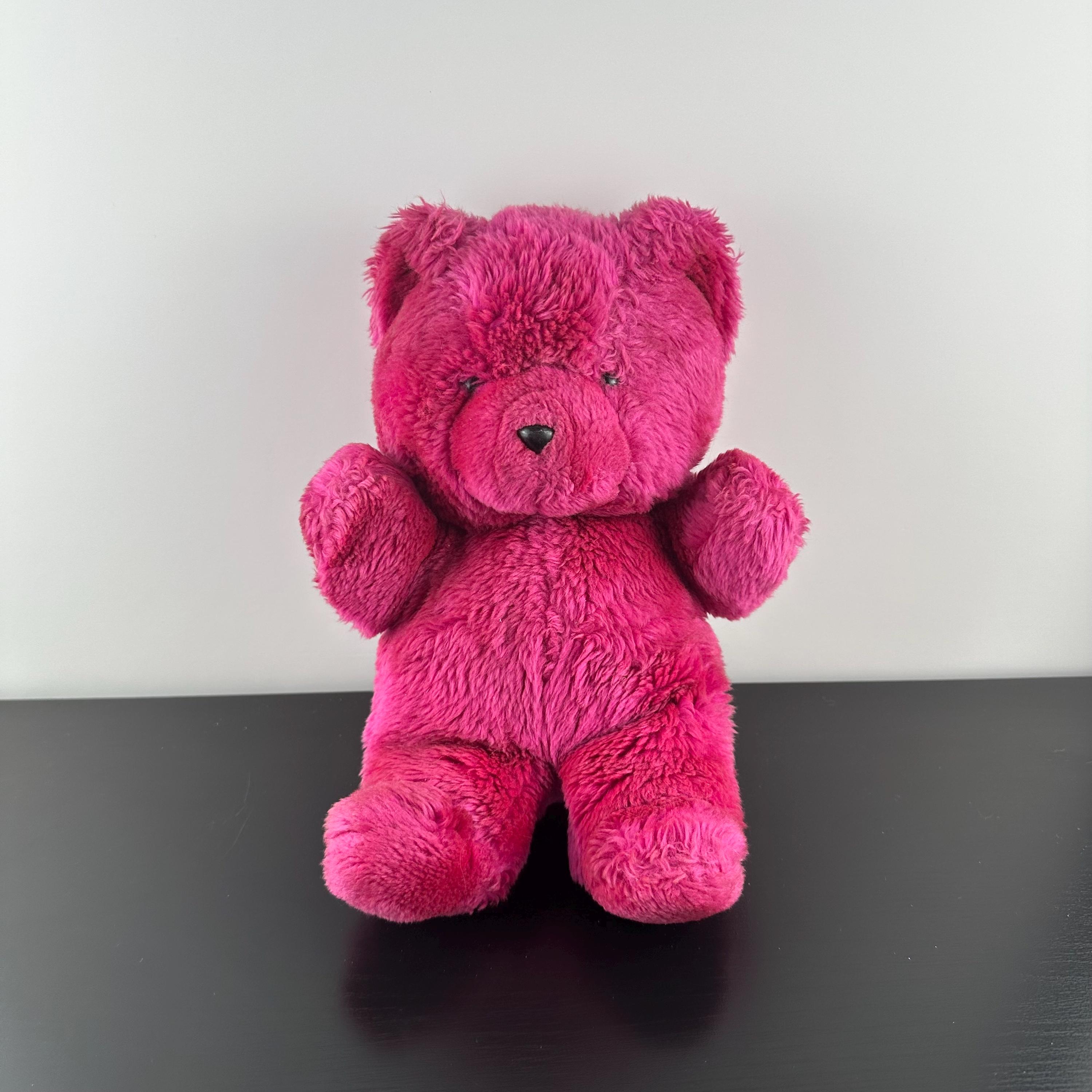 Vintage 80s Magenta Hot Pink Plush Teddy Bear 1980s Stuffed Animal