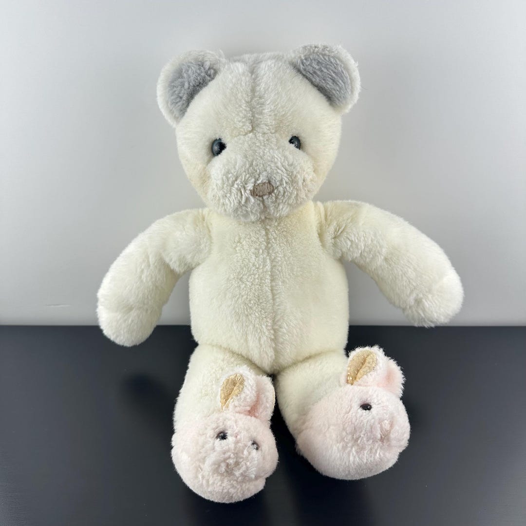 Vintage 1985 Gund Teddy Two Shoes Bear Blue Eyes Pink Bunny
