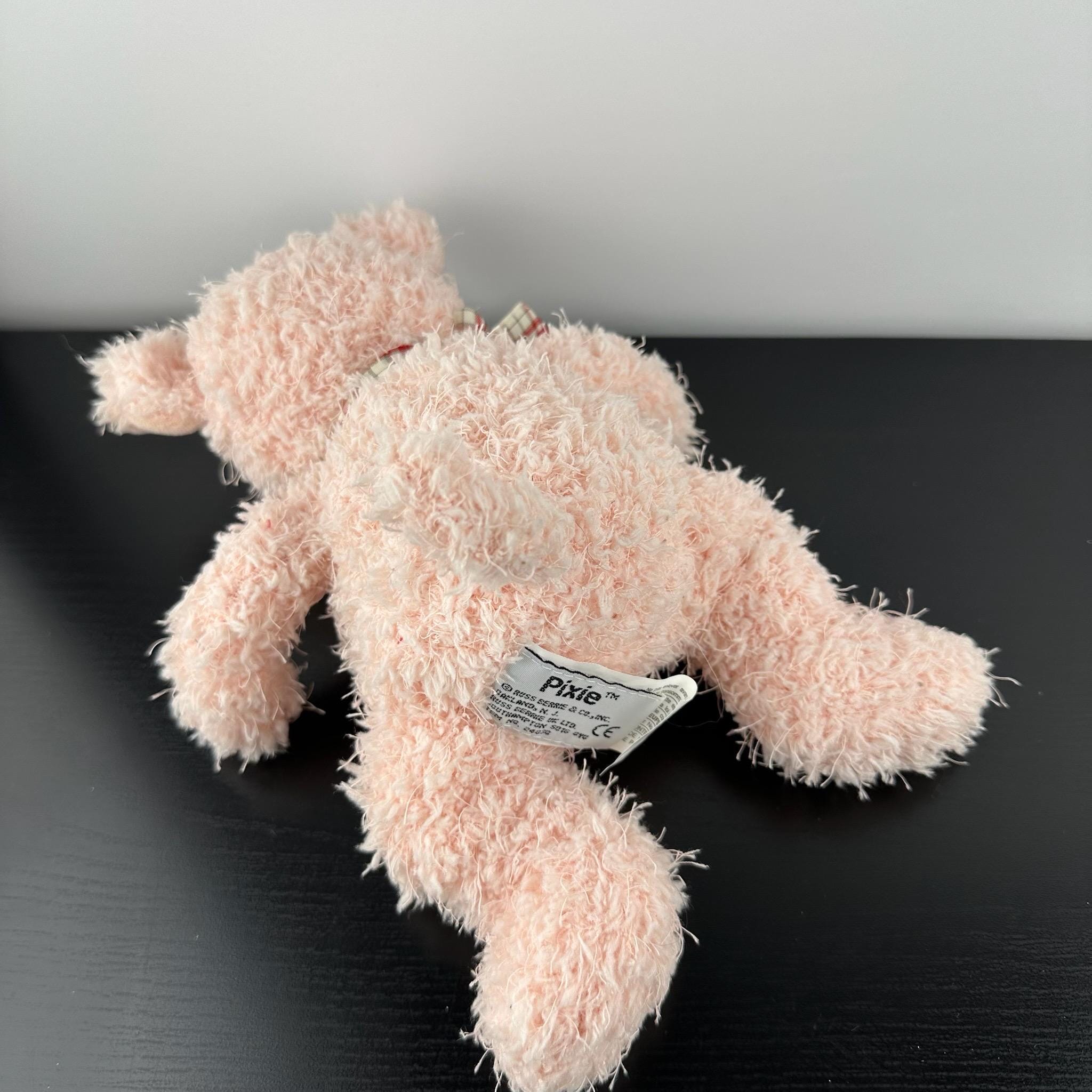 Russ Berrie Pink Pixie Pig 9” Plaid Bow Fuzzy Plush Stuffed Animal