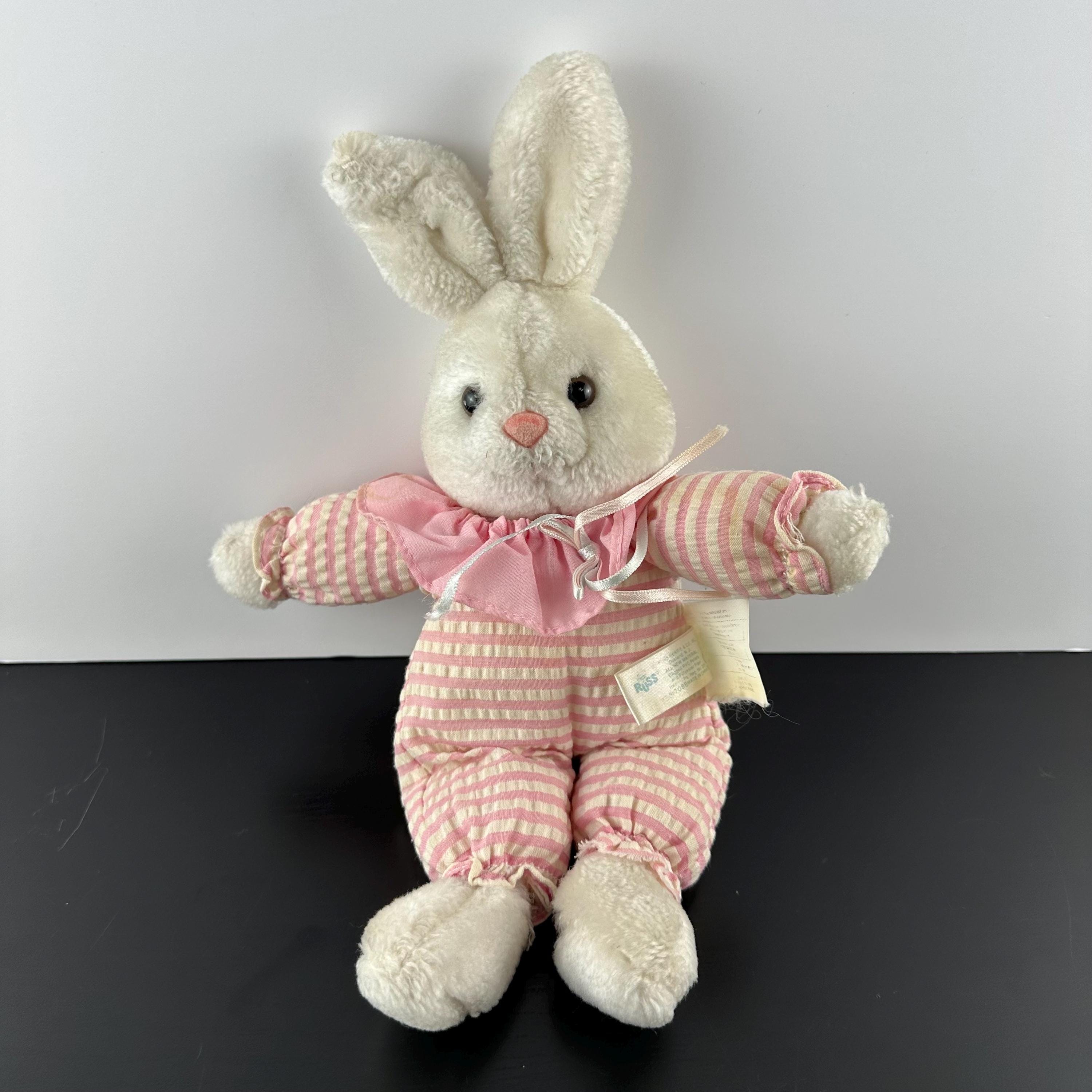 Vintage Russ Bumpkins White Bunny Rabbit Pink Stripes Plush