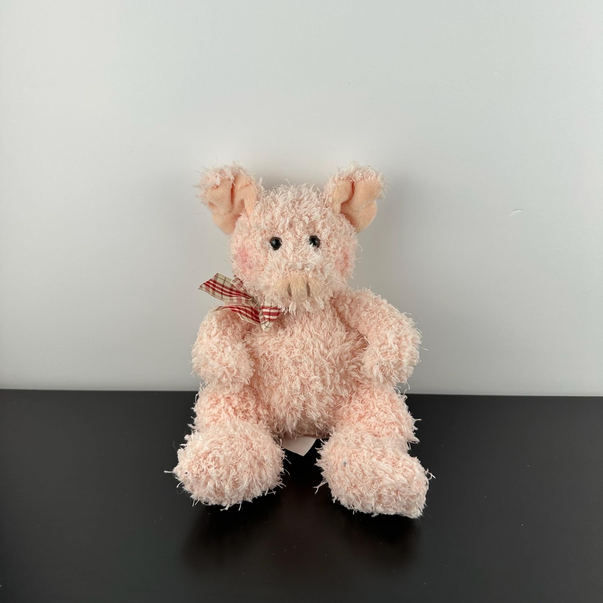 Russ Berrie Pink Pixie Pig 9” Plaid Bow Fuzzy Plush Stuffed Animal