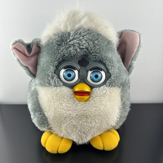 Vintage 1999 Furby Plush Backpack Bag 12” Grey White Adjustable