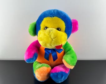 Vintage Neon Rainbow Monkey Plush Stuffed Animal 11” Sitting