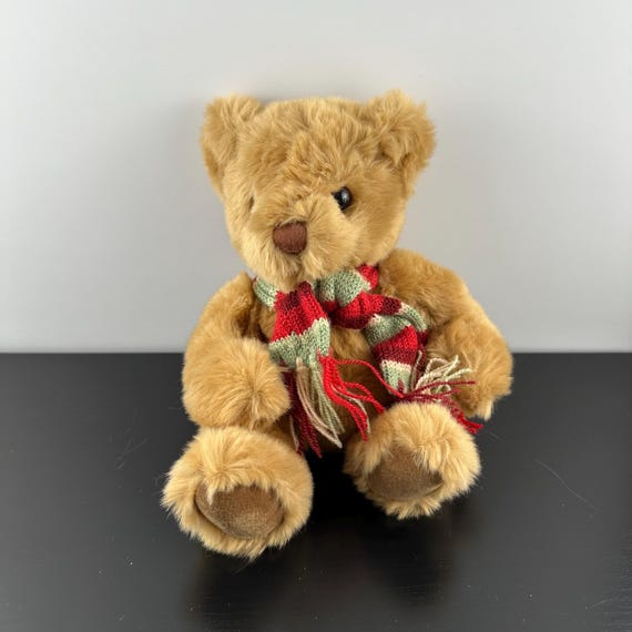 Vintage Russ Brown Teddy Bear Brock Red Green Scarf Sitting 7.5