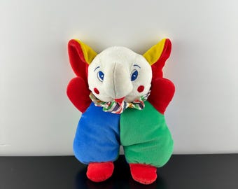 Vintage jaren 90 battat velours clown olifant primaire kleuren pluche knuffeldier 9"