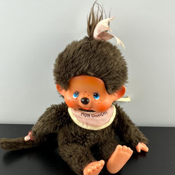 Vintage 1974 Monchhichi Sekiguchi Pink Bib Blue Eyes Pink