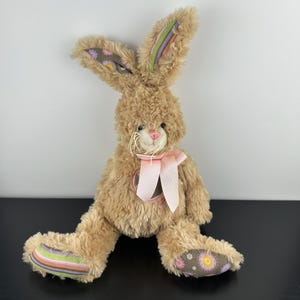 Ganz Patches Tan Bunny Rabbit 14” HE9687 Pink Bow Plush Stuffed Animal Vintage Collectible