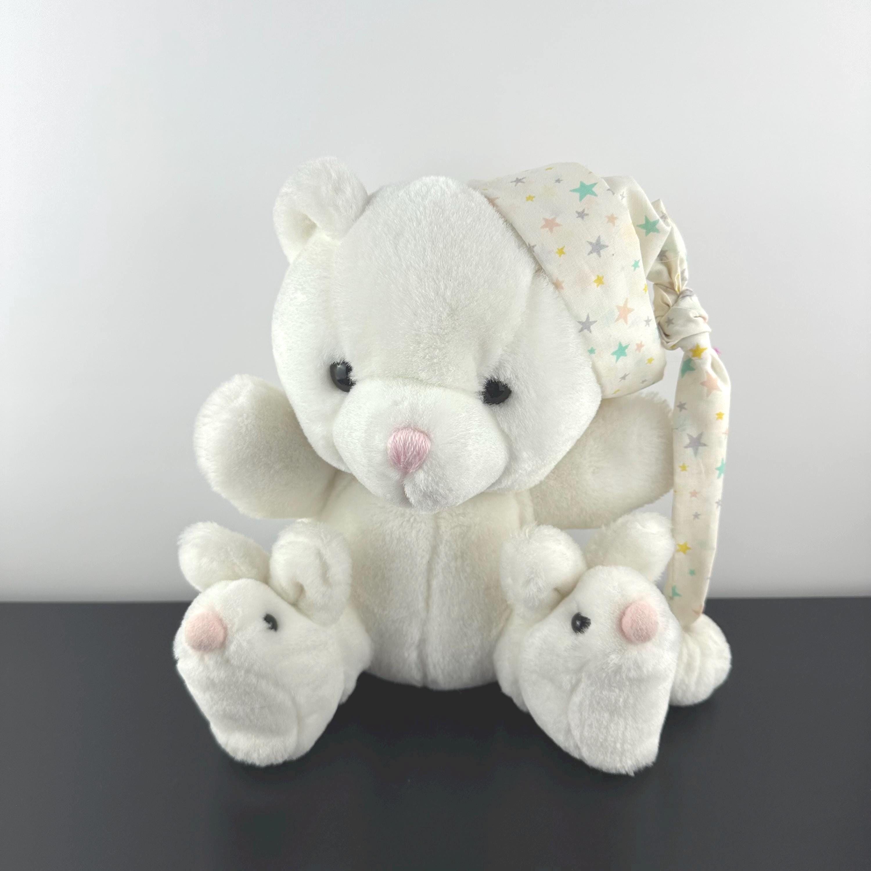 Vintage White Teddy Bear Long Night Cap With Stats and White Bunny