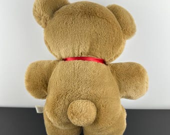 Vintage Dark Brown Teddy Bear With Red Ribbon Neck 13” Plush