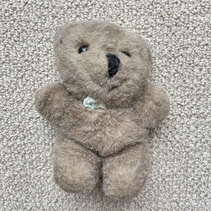 Vintage Dakin 1990 Tan/Gray Teddy Bear Small 6&quot; With Aqua Colored Bow 90s Tiny