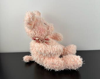 Russ Berrie Pink Pixie Pig 9” Plaid Bow Fuzzy Plush Stuffed Animal