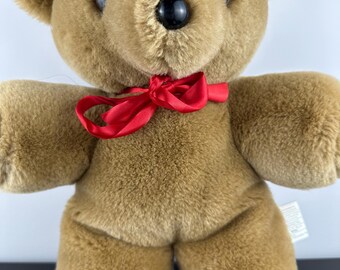 Vintage Dark Brown Teddy Bear With Red Ribbon Neck 13” Plush