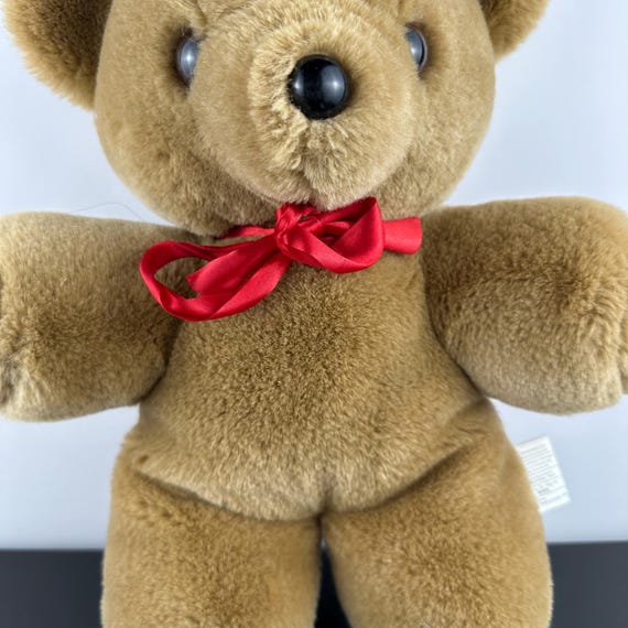 Vintage Dark Brown Teddy Bear With Red Ribbon Neck 13” Plush