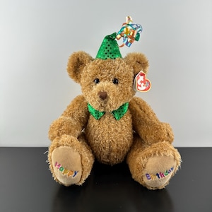 TY Beabie Buddy Vintage Brown Happy Birthday Teddy Bear Plush Stuffed Animal Green Hat Bow 11”