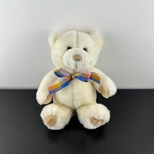 Gund Snugwell White Plush 9” Teddy Bear Stuffed Animal Plaid Checked Bow Vintage Collectible