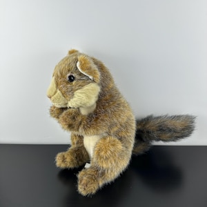 May include: A plush squirrel toy with brown and tan fur, a fluffy tail, and a light-colored belly. The squirrel is in a sitting position, with its paws near its mouth. The toy has black eyes and a detailed face.