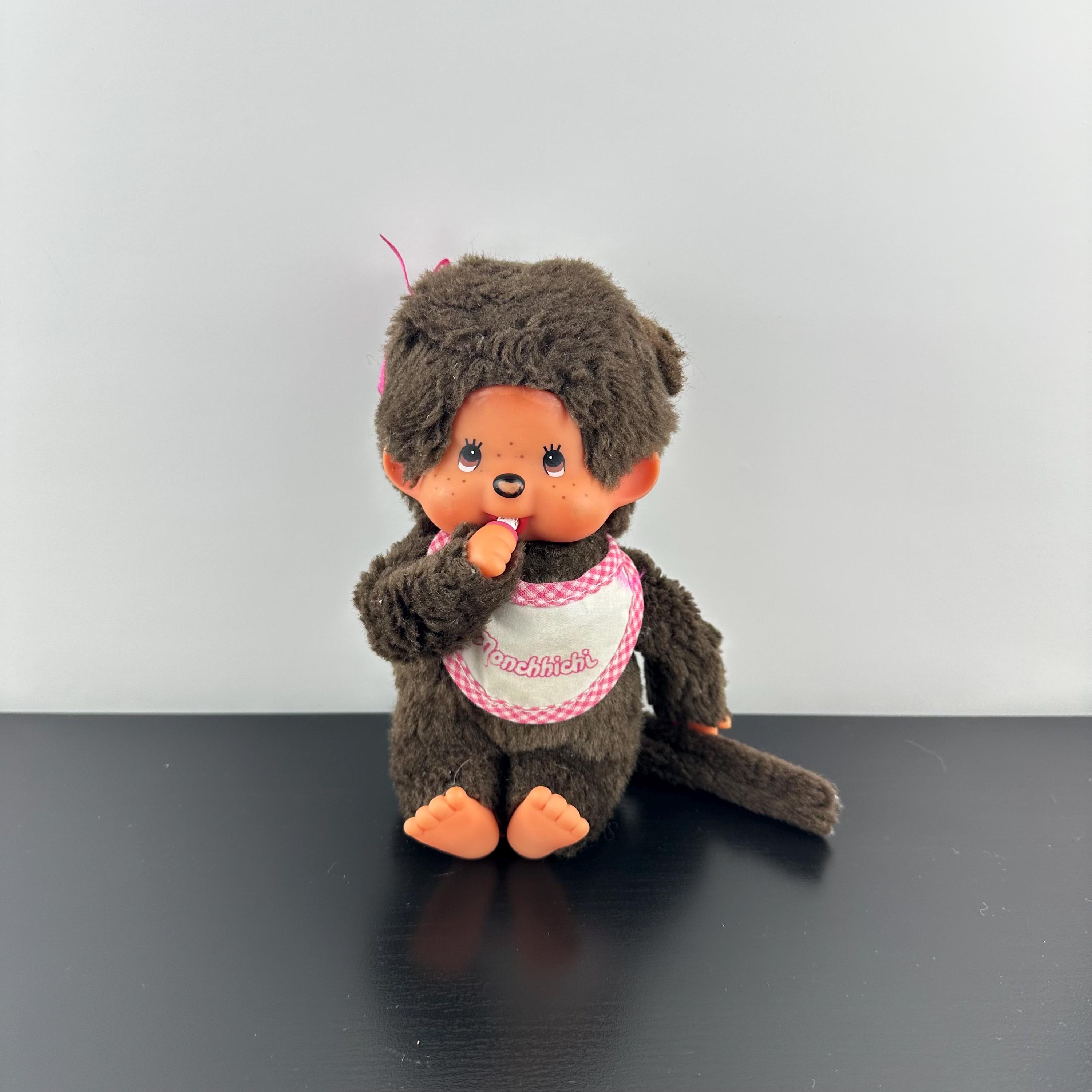Vintage Monchhichi Sekiguchi Thumb Sucking Pink Bib Brown Eyes