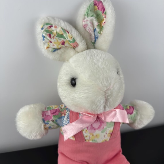 Vintage 90s Commonwealth White Bunny Plush Stuffed Animal Pink