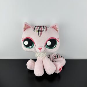 Peluche vintage de gato a cuadros rosa de Littlest Pet Shop, Hasbro, 8,5" LPS