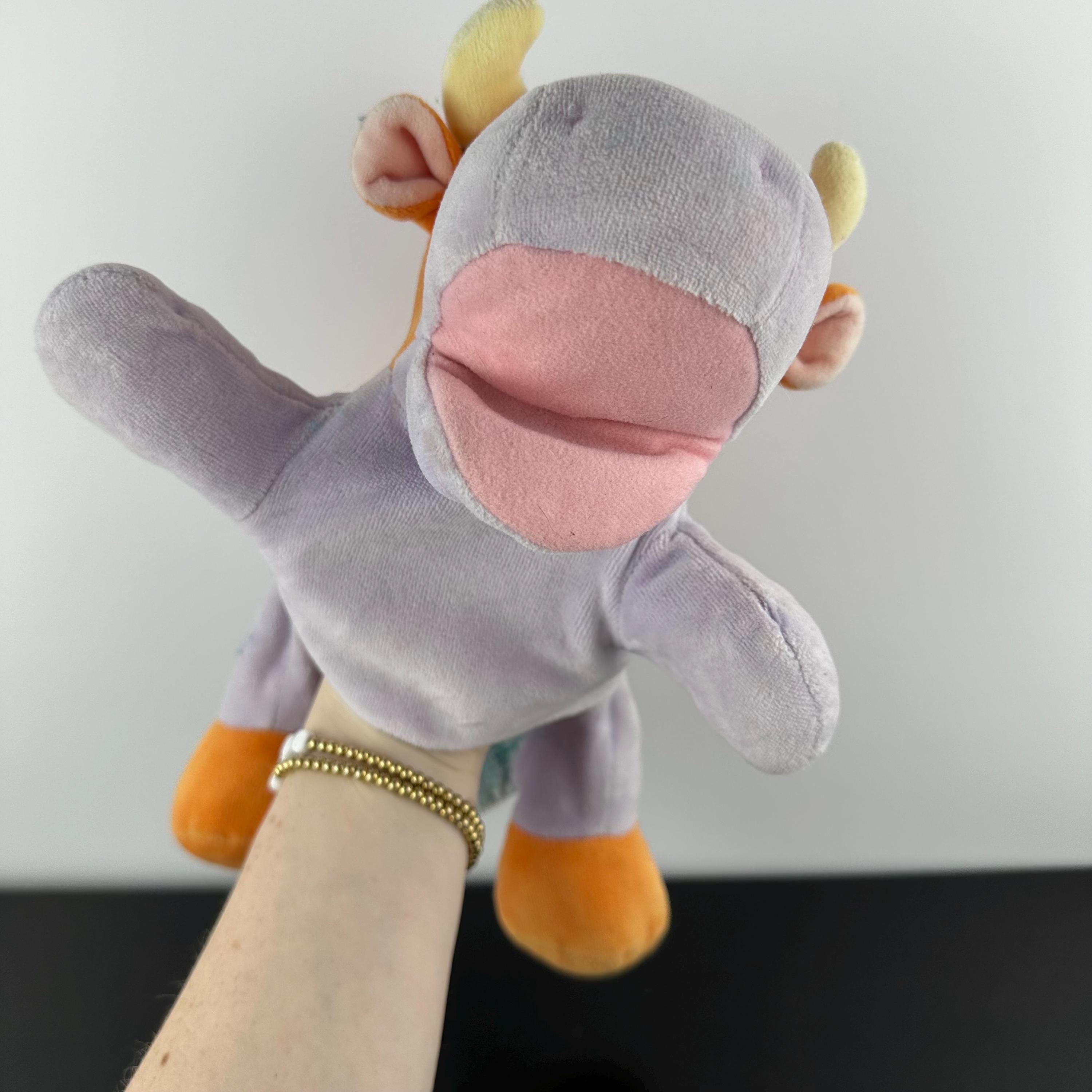 Vintage Russ Berrie Bovin Velour Cow Purple Orange Puppet Plush
