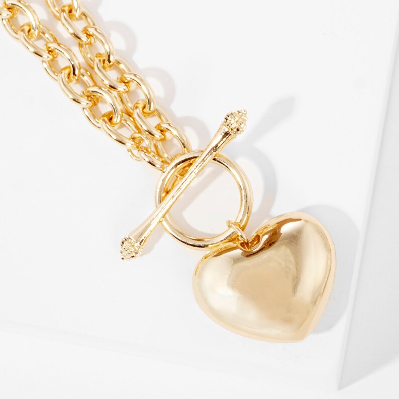 Brass Metal Heart Lock Pendant Necklace / Heart Charm Toggle Necklace