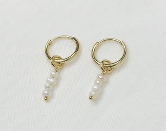Freshwater Pearl 14k Gold Plated Huggies- gift for her, bridesmaid 10mm, hoop, earring, minimalist, charm