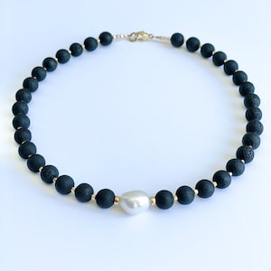 Baroque Pearl Lava Necklace | &quot;Tortugas&quot; 14kt Gold Filled Baroque Pearl + Lava Necklace