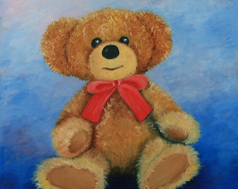 Cuadro "Mi osito de peluche favorito", Pintura al óleo original, arte mural