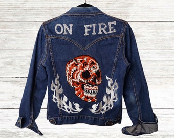 Flaming Skulls Denim Jacket / One-Of-A-Kind Up-cycled Dark Blue Jean Jacket Embellished w Skulls, Flames & "On Fire" / Upcycled Skull Jacket