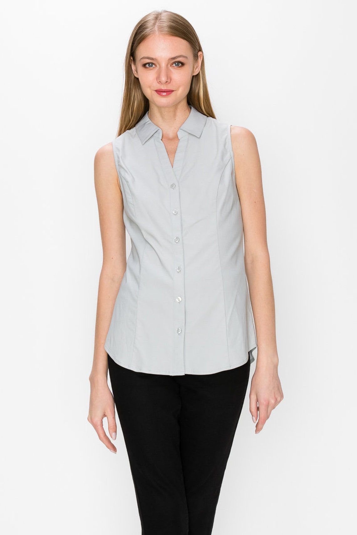 Women's Sleeveless Button Down Collared Stretch Shirt Etsy