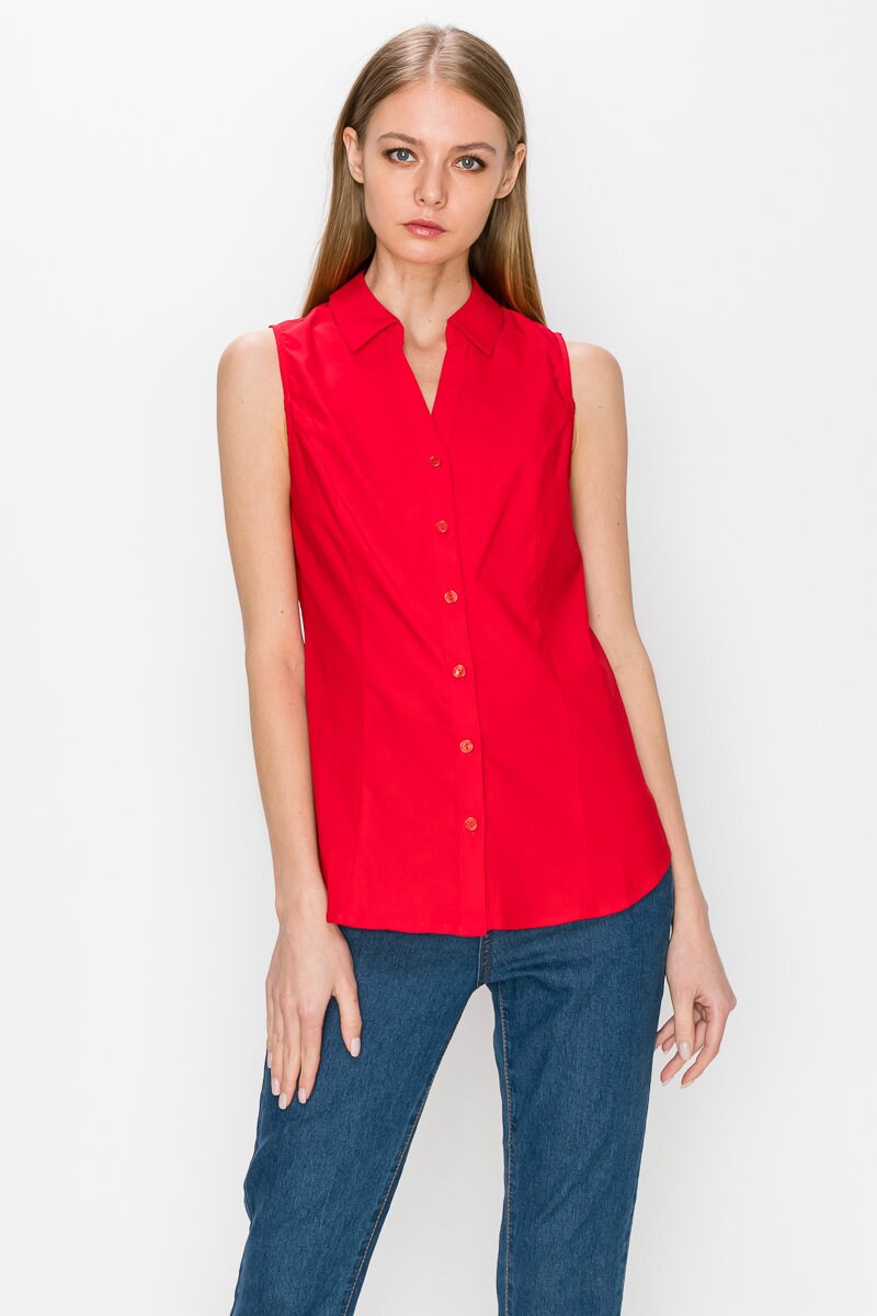 Women's Sleeveless Button Down Collared Stretch Shirt Etsy