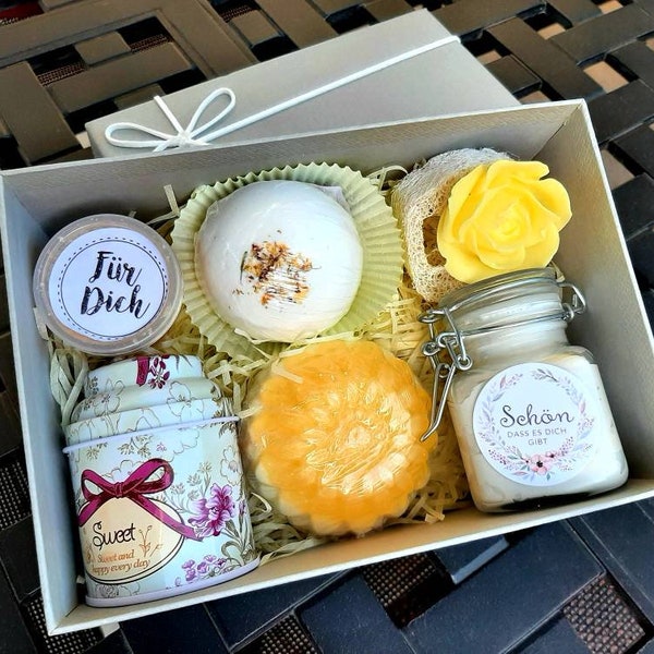 Geschenkbox für Frauen Freundin Wellnessbox Geburtstagsgschenk, Muttertag,6 handgem. vegane BeautyArtikel mit Vintagedose, SPA Relaxbox