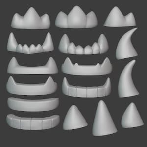 Puede incluir: Una colección de componentes de color gris claro impresos en 3D con diversas formas, incluyendo dientes dentados, cuernos curvos lisos y crestas redondeadas. Estas piezas individuales están dispuestas en un patrón de cuadrícula sobre un fondo gris oscuro.